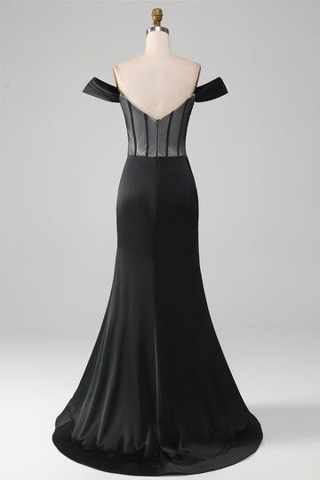 Black Off the Shoulder Satin Corset Mermaid Ball Dress with Slit